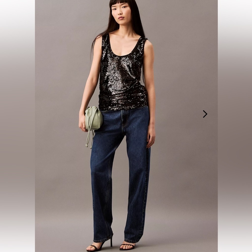 Calvin Klein black Sequin Tank Top with Eyelash Fringe, Medium or M